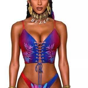 New! Bfyne Alieva lace-up bikini tankini Top tropical floral 10591